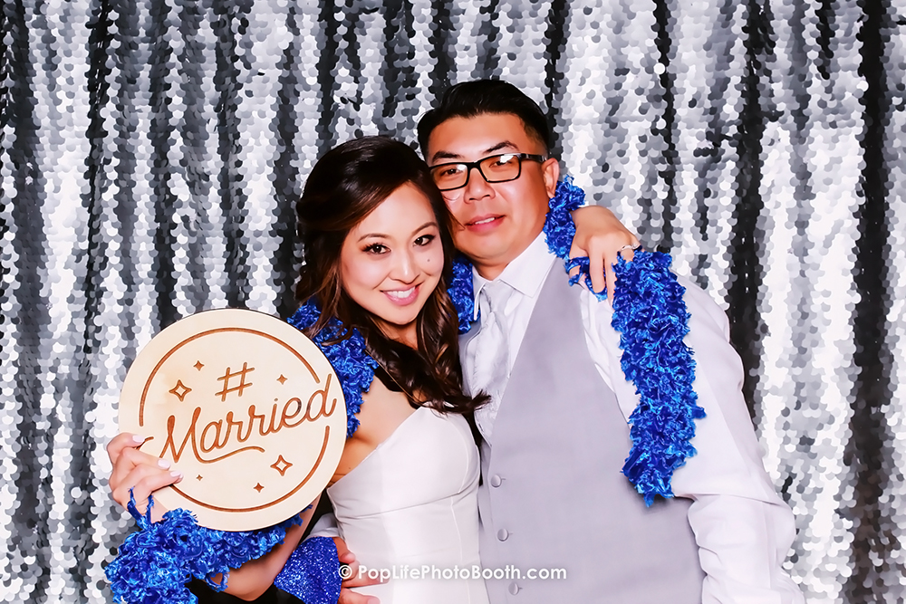 Just Married couple in front of our Silver Sequins Backdrop at Casa Real in Livermore
