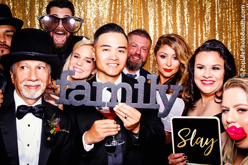 San Francisco Venue: The General Residence - A Wedding Family Photo Booth Group Shot with Gold Rush Backdrop