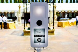 the front of the Pop Life Photo compact white photo booth for wedding and corporate events