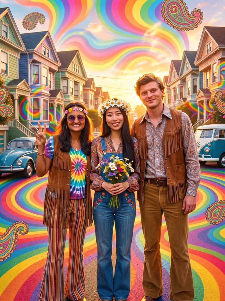 Summer of Love photo booth filter, 70s fashion, nostalgic aesthetic, vintage postcard style.
