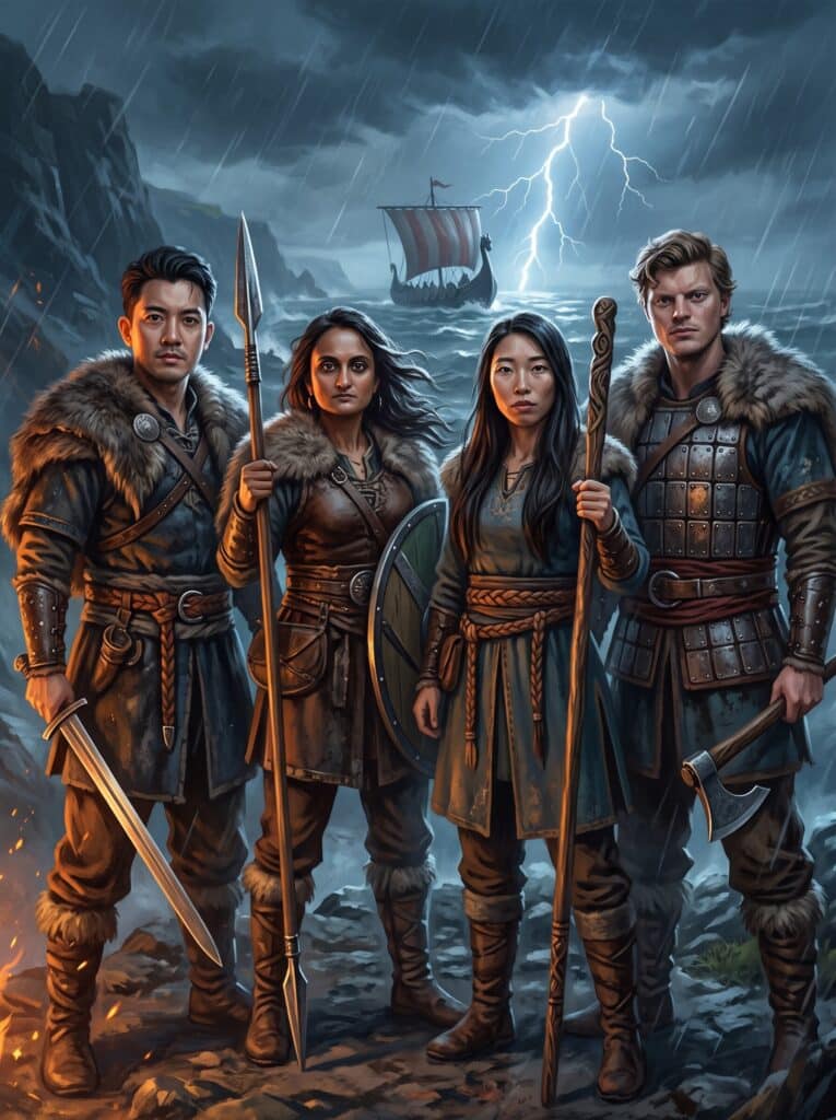 Viking warriors and ship in stormy sea, nostalgic and historic AI photo booth filter.