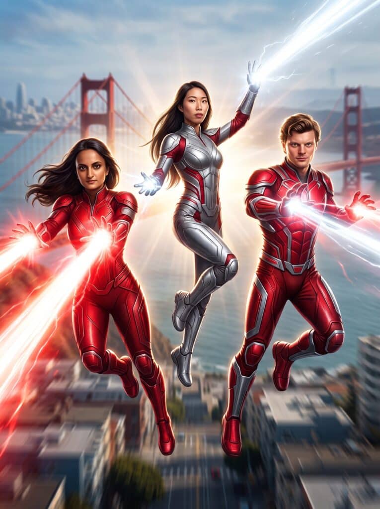 Super Hero AI filter featuring San Francisco skyline and stylized action figures