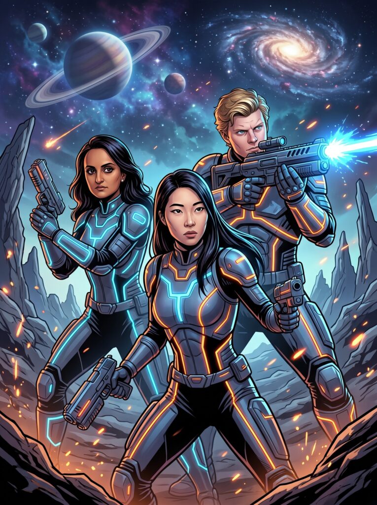 Futuristic space battle filter and stylized action figure photo booth experience.