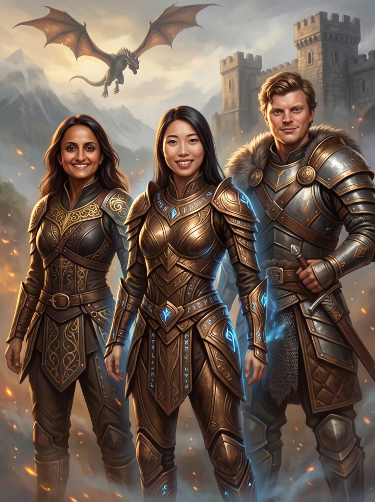 Fantasy photo booth filter featuring knights and dragon, Pop Life Photo AI filter.