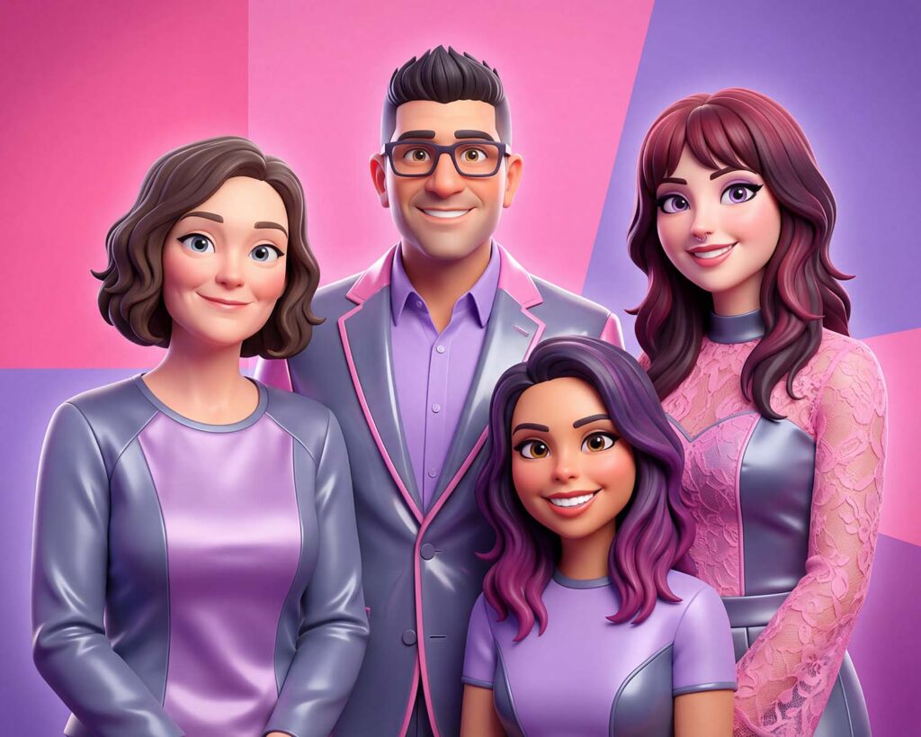 Group of four animated characters dressed in stylish purple and pink outfits, showcasing the creative transformations possible with the AI Photo Booth experience.
