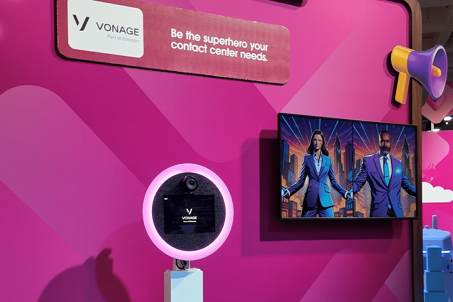 AI photo booth setup in front of a pink backdrop