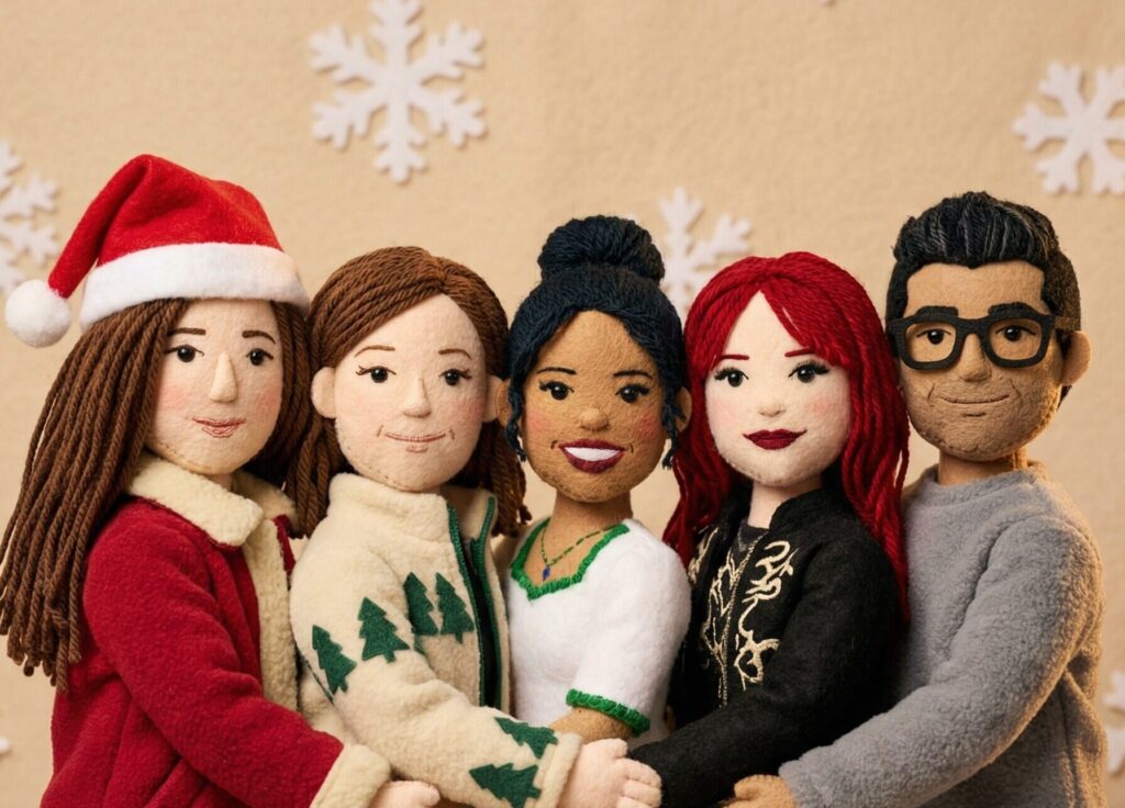 Five felt dolls with yarn hair posed close together in festive outfits, one wearing a Santa hat and another a cream jacket with green pine trees, against a soft beige background.
